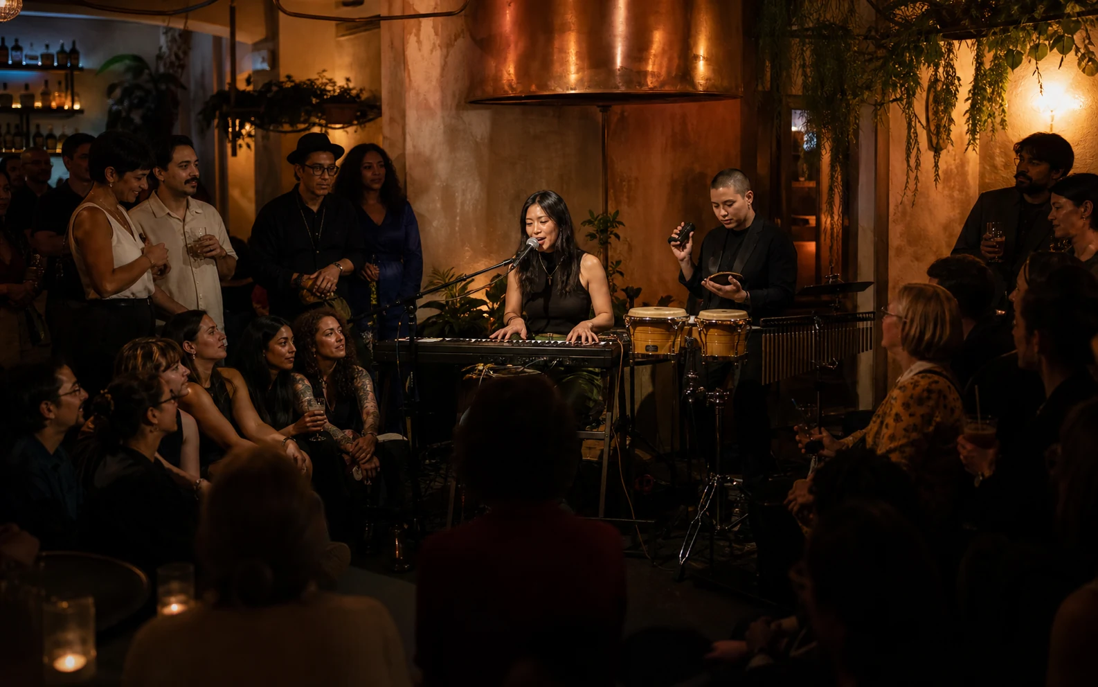 Illustrative neighborhood bar with live music and a social audience